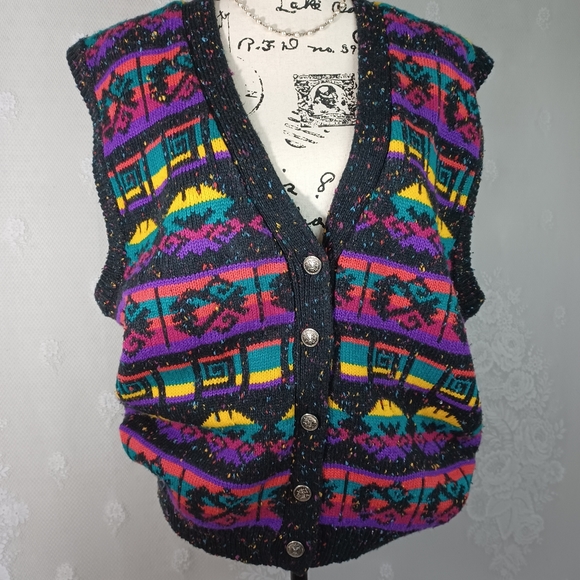 Vintage Black Colorful Pattern Marled Sweater Vest 1X - Picture 3 of 9